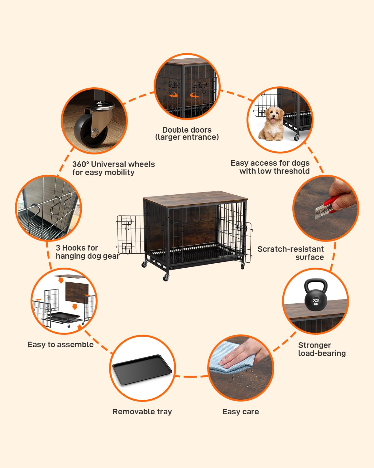Dog Crate Furniture, 2024 Deluxe Wooden Dog Kennel with Removable Tray and Wheels, Heavy-Duty Double-Doors 32.5" Dog Cage End Table, Indoor Dog House for Large Dogs (Brown & Black, Medium) GAOMON