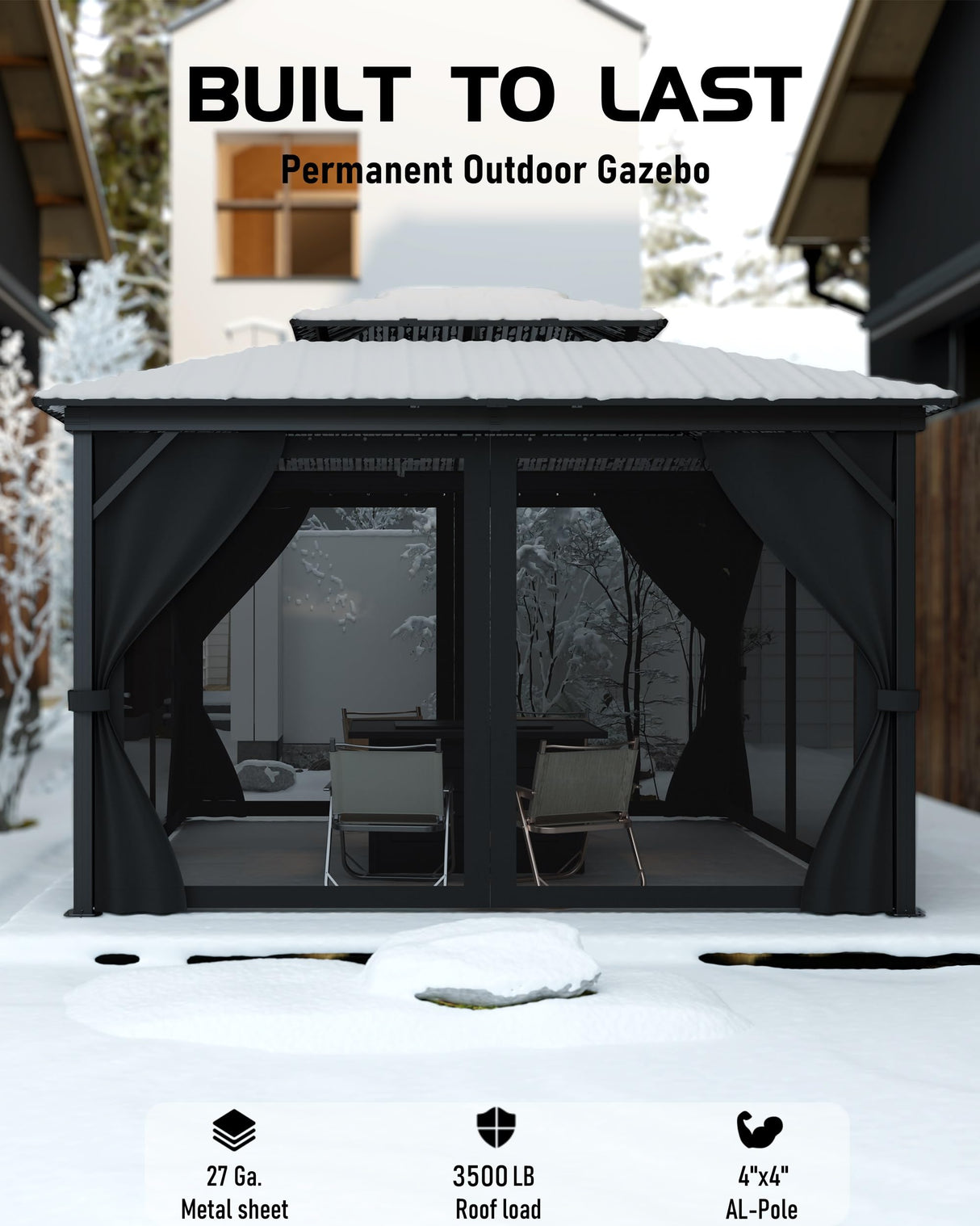 GarveeLife Hardtop Gazebo 12'x14' for All Weather, with Double Metal Roof, Aluminum Alloy Frame, Net, and Curtain, Permanent Building for Patio, Deck, Backyard, Lawn, and Garden, Gray GarveeLife