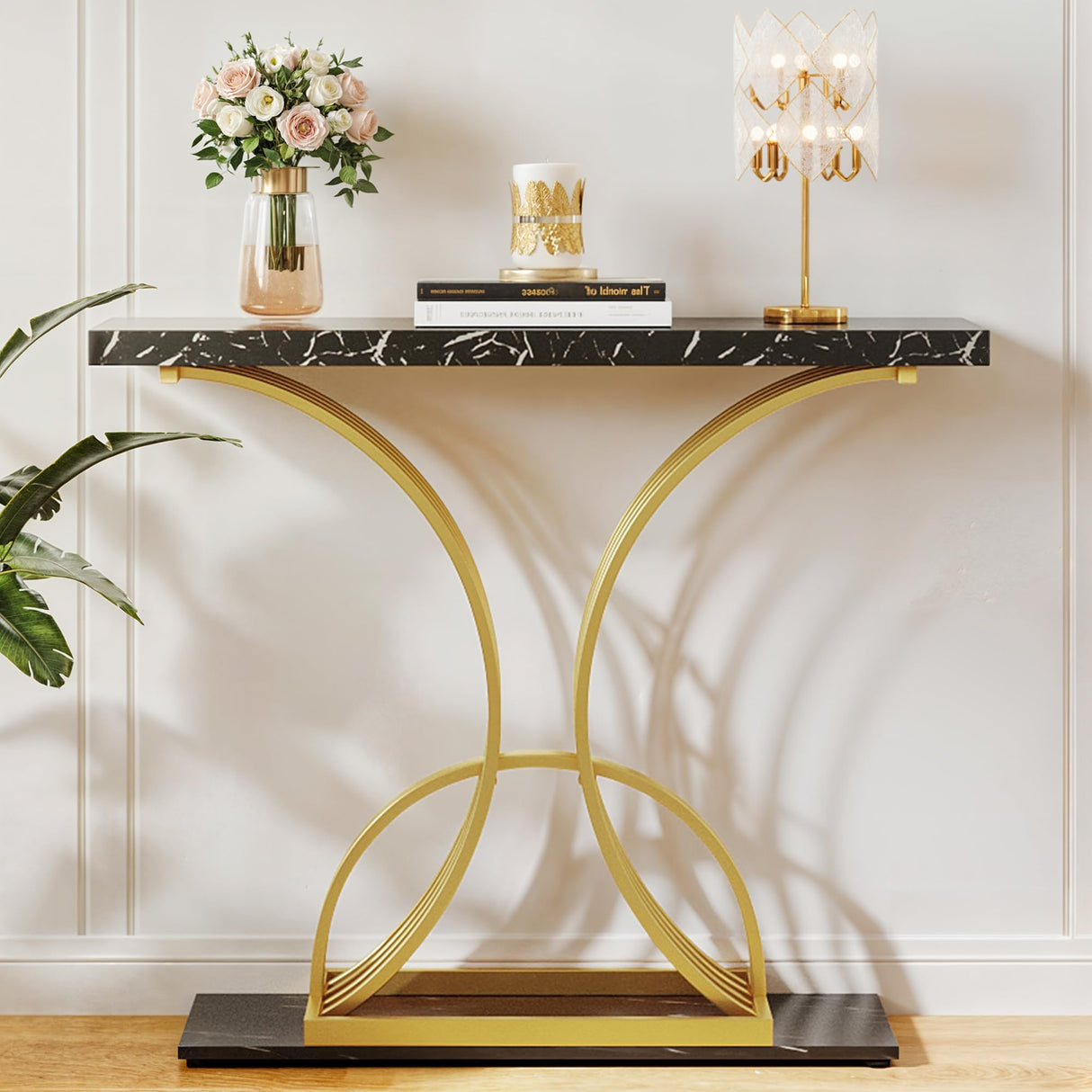 YITAHOME Gold Console Table, Modern Sofa Table for Living Room, Hallway, 40 inch Narrow Entryway Table, Faux Marble Black YITAHOME