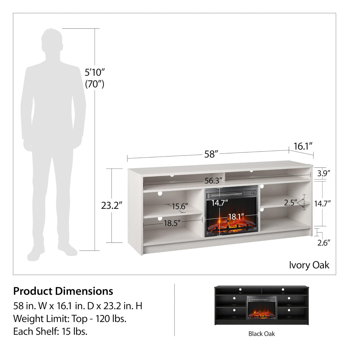 Ameriwood Home Hendrix Fireplace TV Stand for TVs up to 65 Inch, Replaceable Electric Fireplace Insert Heater, Realistic Log and Flame Effect, For Living Room or Bedroom, Ivory Oak Ameriwood Home