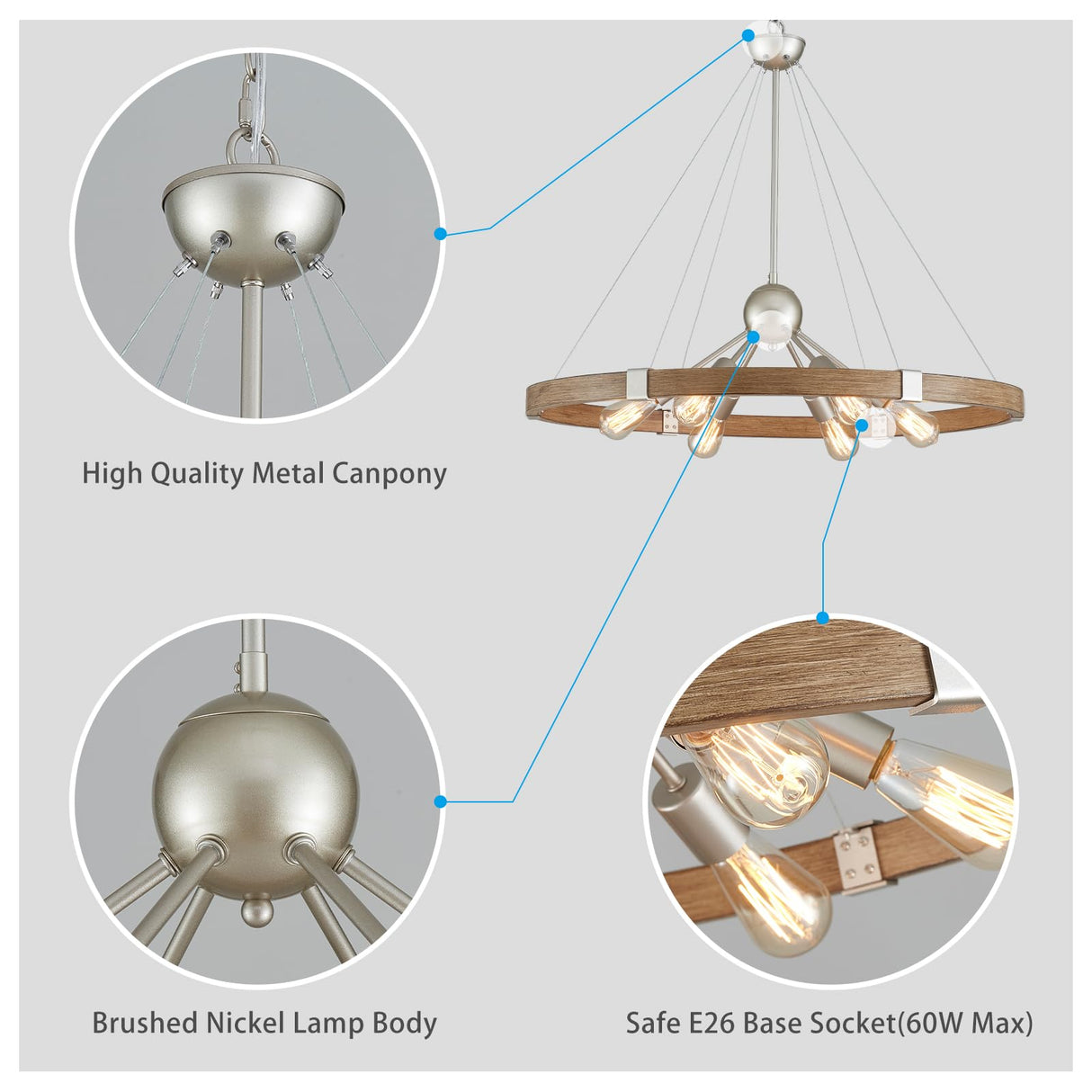 XINGQI Wagon Wheel Chandelier Modern Rustic Large Round 6-Lights Nickel & Wood Grain Finish Retro Ceiling Pendant Light Fixture for Dining Room Living Room XINGQI