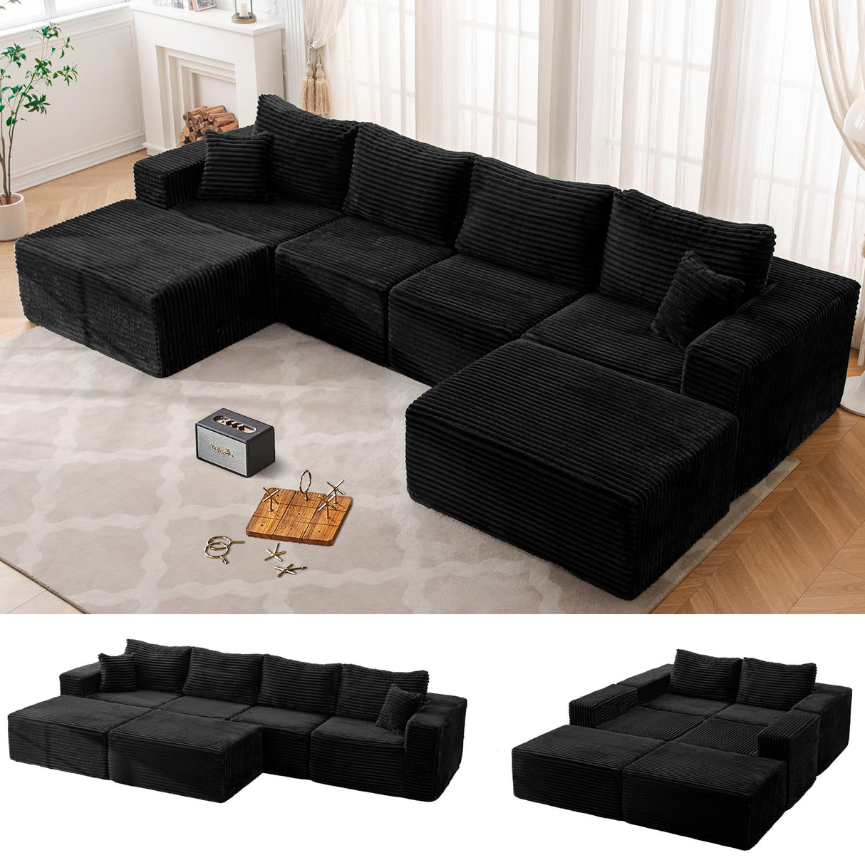 136" U Shaped Cloud Couch Sectional Modular Couch with Deep Seat, 6 Seater Corduroy Couches, Boneless Sofa with 2 Removable Ottomans, Sectional Couches for Living Room, No Assembly Required, Black MODNEST