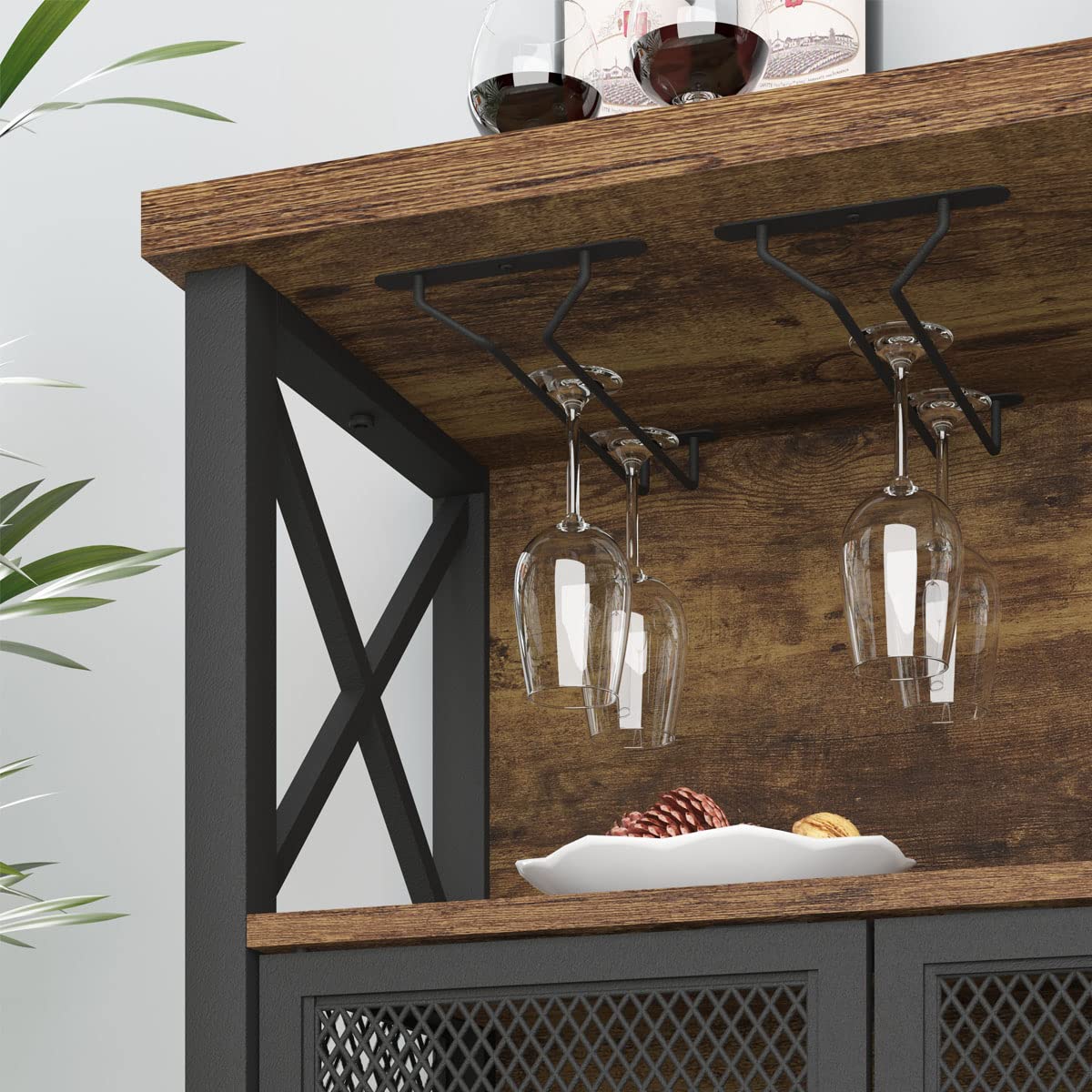 Rustic Brown Industrial Coffee Bar Cabinet with Wine Rack and Ample Storage LVB