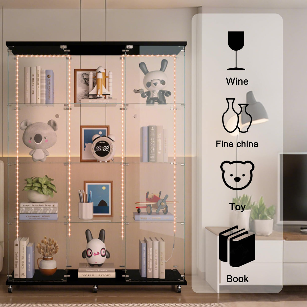 TRJQBCC 3 Column 2 Doors Tempered Glass Display Cabinet with LED Lights Strip, 4-Shelf Wooden Removable Curio Storage Cabinet with Casters, 65" H Lock Display Case Bookshelf for Home & Office (Black) TRJQBCC