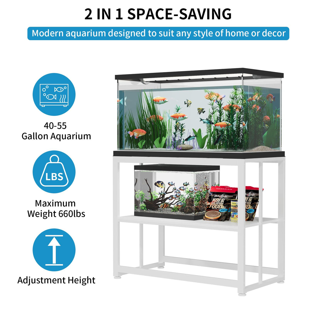 VOWNER 40-50 Gallon Fish Tank Stand - Metal Aquarium Stand, 36.6" x 18.5" x 29.5" Heavy Duty Reptile Tank Stand, Adjustable 2-Tier Fish Tank Rack Shelf for Home Office, Tank not Included, White VOWNER
