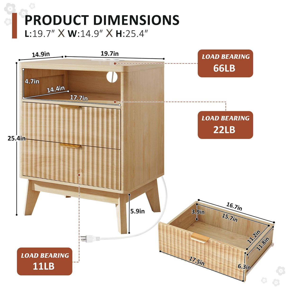 Fluted Nightstand with Charging Station, 19.7 inch Wide End Table with 2 Drawers, Modern Wood Bedside Table for Bedroom(Natural) LYNCOHOME