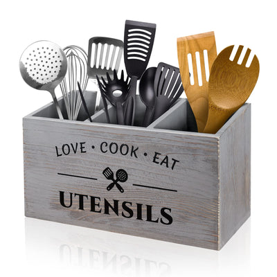 MINCORD Utensil Holder with 3 Compartments, Rustic Utensil Caddy Wood Utensil Crocks for Kitchen Counter, Farmhouse Flatware Utensil Organizer Storage Box for Silverware Fork Spoon Spatula
