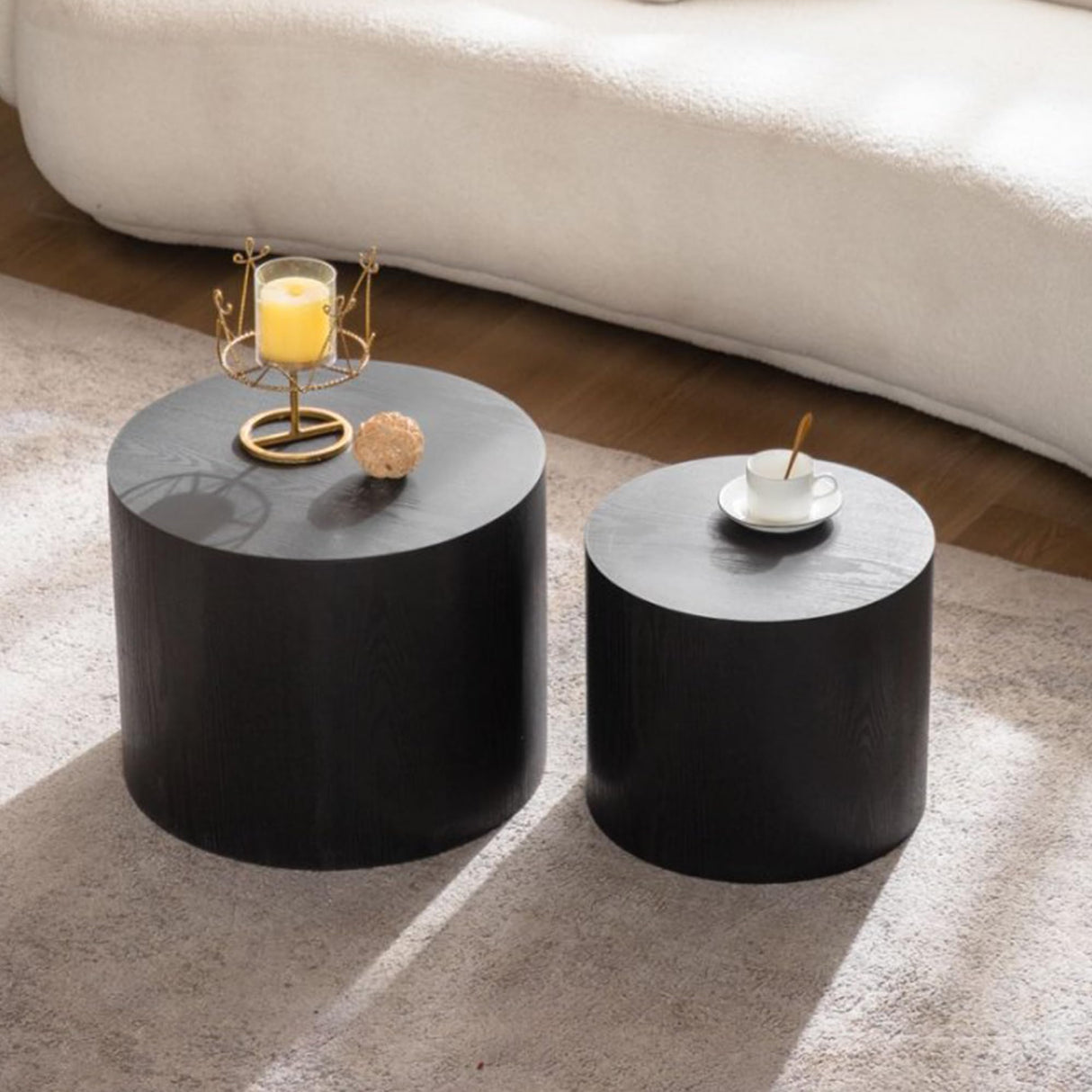 GDFStudio Round Nesting Coffee Table Set of 2, Modern Wooden Accent Side Table, Space Saving Small Circular Tea Coffee Tables and End Tables Sets for Living Room Small Space, No Assembly, Black GDFStudio