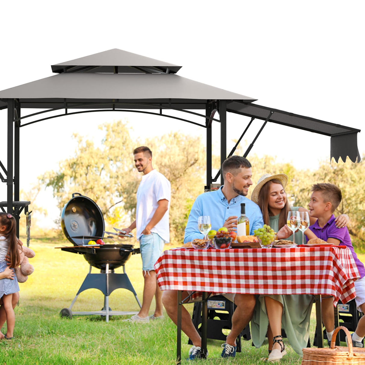 5 * 8FT Outdoor BBQ Grill Patio Canopy with Extra Shadow&Dual Side Awnings, Double Tiered BBQ Gazebo with 2 Side Shelves, Heavy-Duty Steel Frame, LED Light,fit for Barbecue and Picnic-Grey Knowfunn