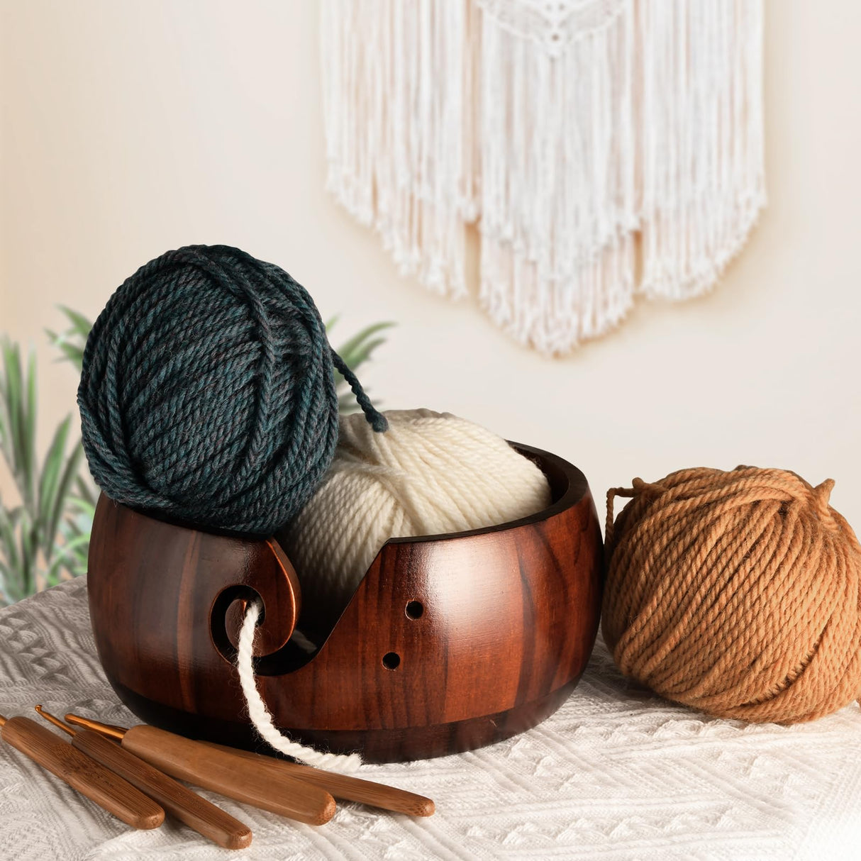 Wooden Yarn Bowl Holder, Craft Knitting Bowl with 8pcs Metal Crochet Hooks, 7.9''Large Yarn Holder Dispenser Yarn Storage Bowls, for Knitters & Crocheters (Brown 7.9 inch) Sewovvmu