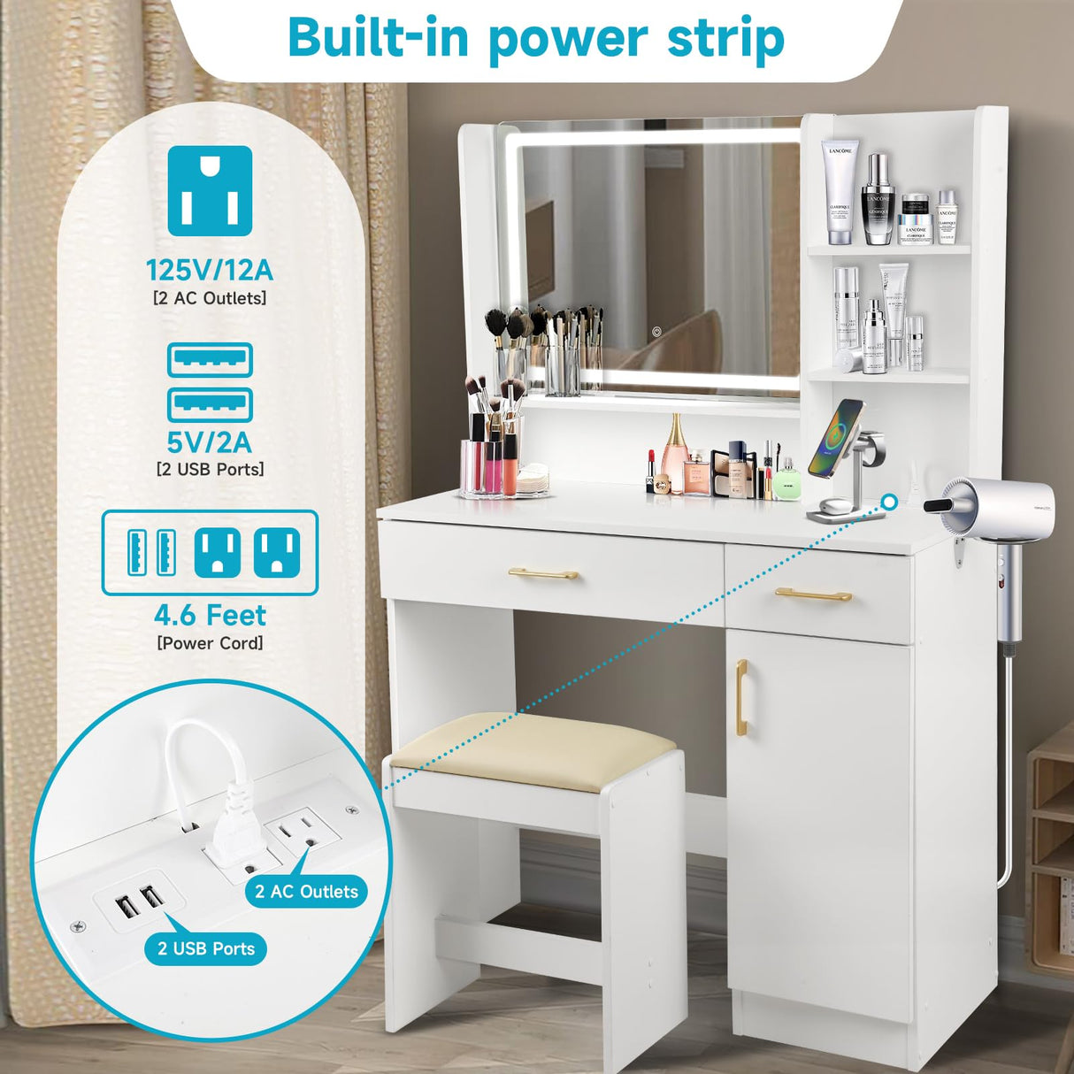 QUALIKRAFT Vanity Set, Vanity Desk with Mirror and Lights, Vanity Desk with Drawers, Vanity with Charging Station, Vanity with Chair, Vanity with Storage, White Vanity, Makeup Vanity,Bedroom Vanity QUALIKRAFT