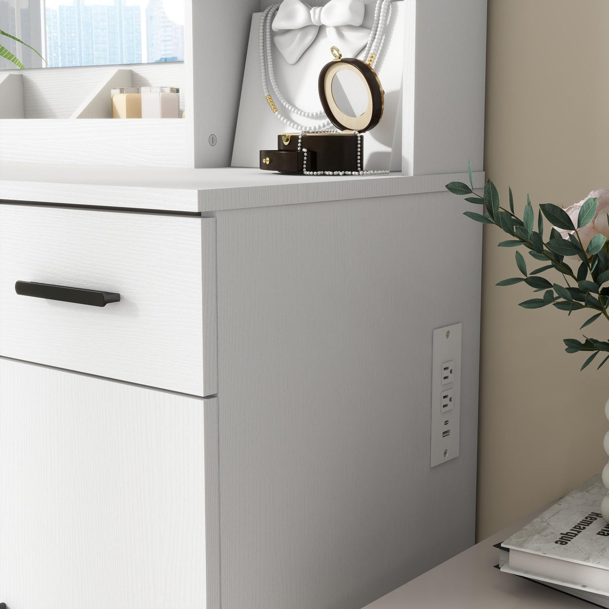 Vanity Desk, Makeup Table with Lights Vanity Set with 3 Drawers, 1 Cabinet & 6 Shelves 3 Lighting Modes Brightness Adjustable Dressing Table with Cushioned Stool for Bedroom, Dressing Room (White) Panana