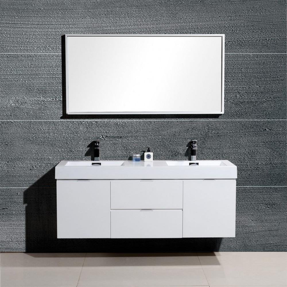 Kubebath Bliss 60" Double Sink High Gloss White Wall Mount Floating Modern Bathroom Vanity Kube Bath