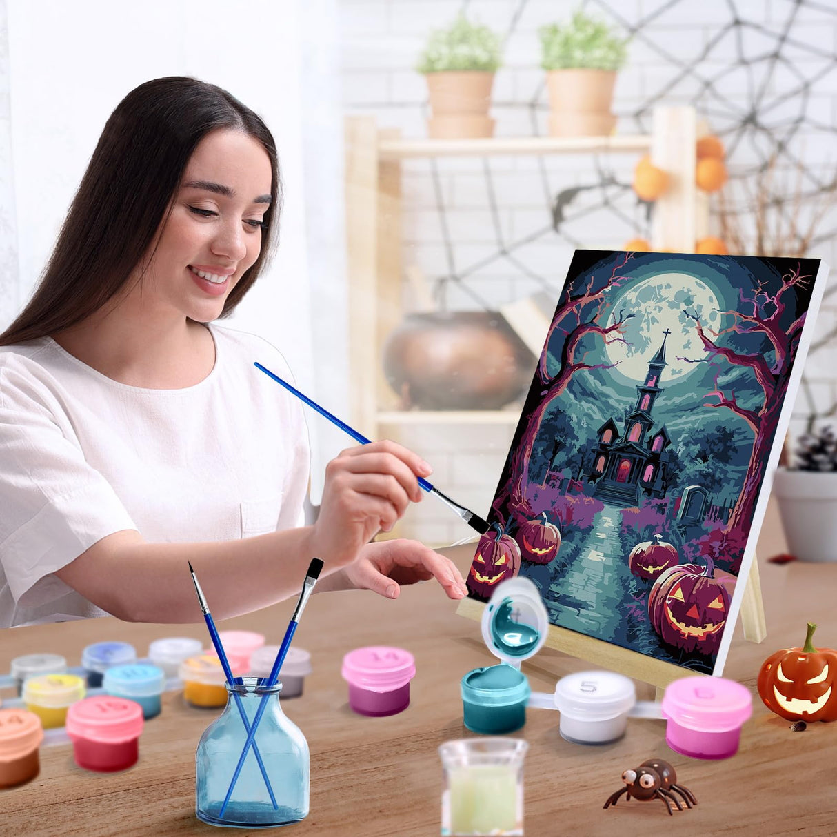 JOOZ Halloween Paint by Numbers Kit for Adults with Frame, Moon Castle Pumpkin Paint by Number with Easel, DIY Halloween Framed Paint by Number Kits for Home Wall Decor 8x12 Inch JOOZ