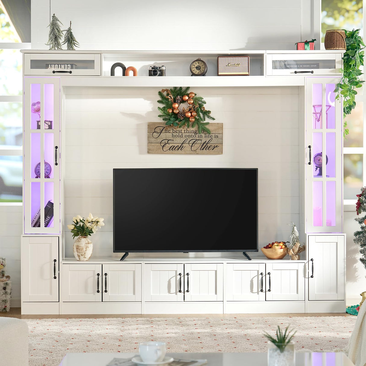 LUXOAK 98" Wide Wall Unit TV Stand with Storage for TVs up to 80", Large Modern TV Console Table with LED Lights, Entertainment Center with Bookshelves for Living Room, White LUXOAK