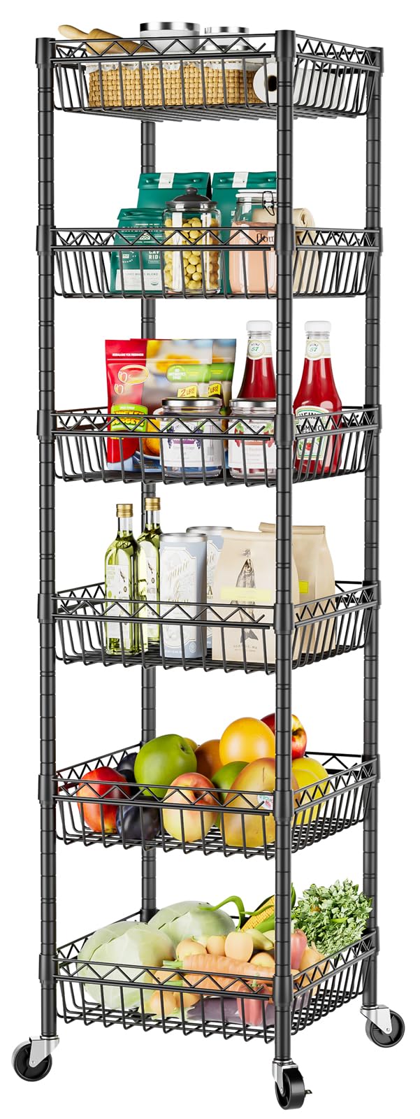SINGAYE 6 Tier Shelf Wire Rack Shelving with Wheels Metal Storage Shelves Adjustable Closet Bathroom Organizers Baskets Pantry Kitchen Garage Laundry Room 13.5" D x 13.5" W x 63" H Black SINGAYE