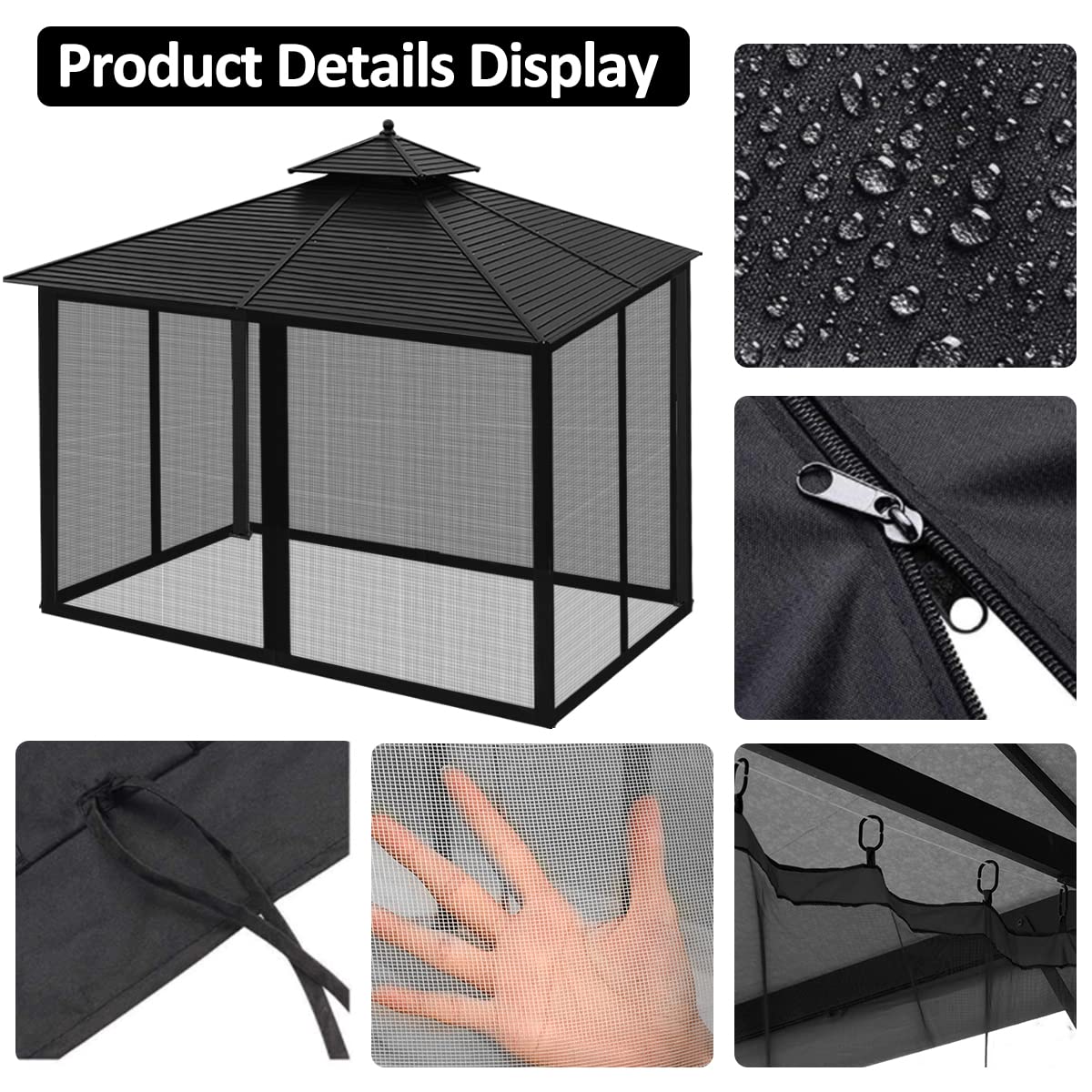 Homegroove Replacement Mosquito Netting for 10x12ft Gazebo, Universal Mosquito Netting for Patio Garden Yard, 4-Panel Outdoor Mesh Netting Screen with Zipper, Upgraded Flame Retardant Material Black homegroove