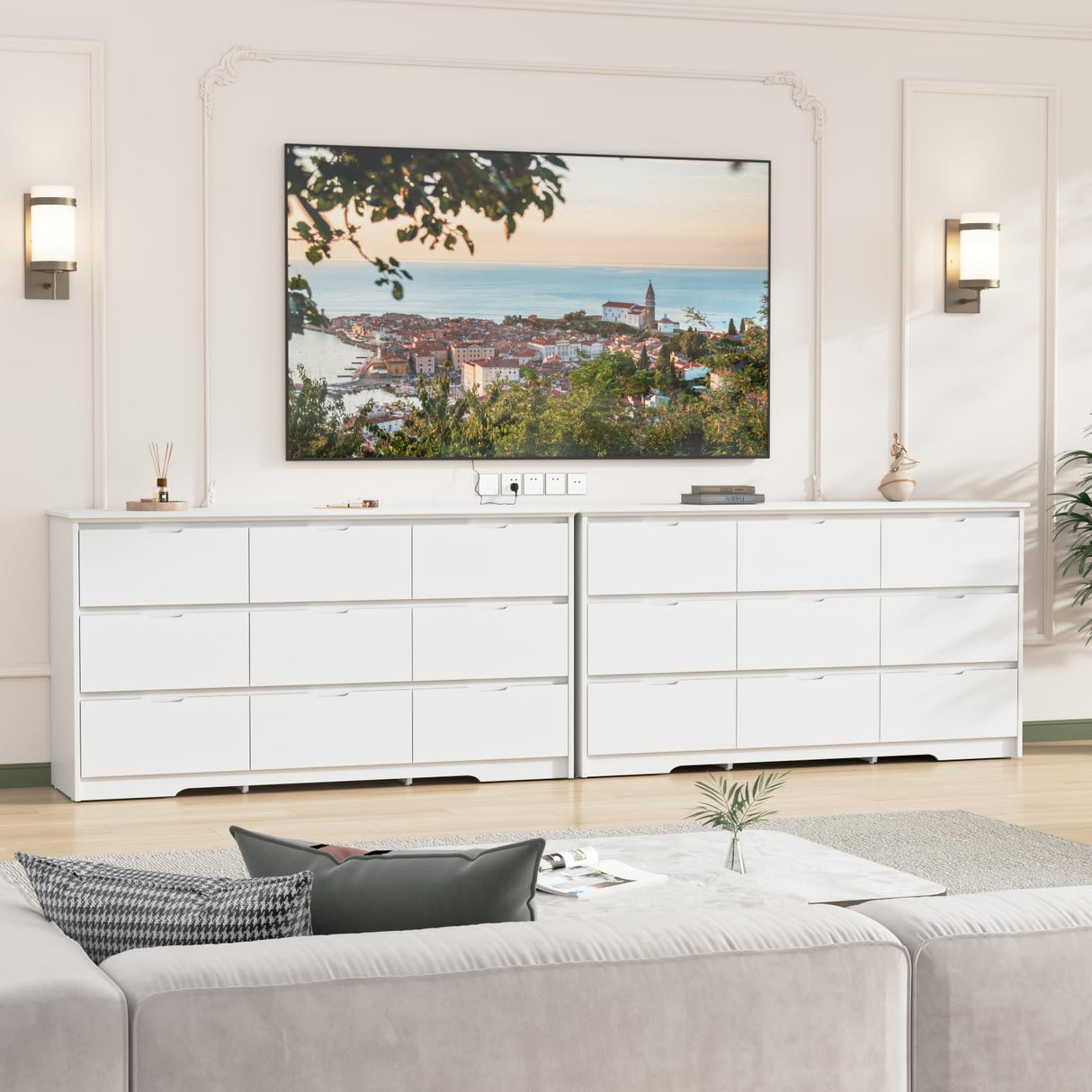 CARPETNAL 9 Drawer White Dresser for Bedroom with Deep Drawers, Large Dressers & Chest of Drawers Handle Free, Modern Long Dressers for Closet Bedroom, Living Room (59.25" W x 15.9" D x 31.9" H) CARPETNAL