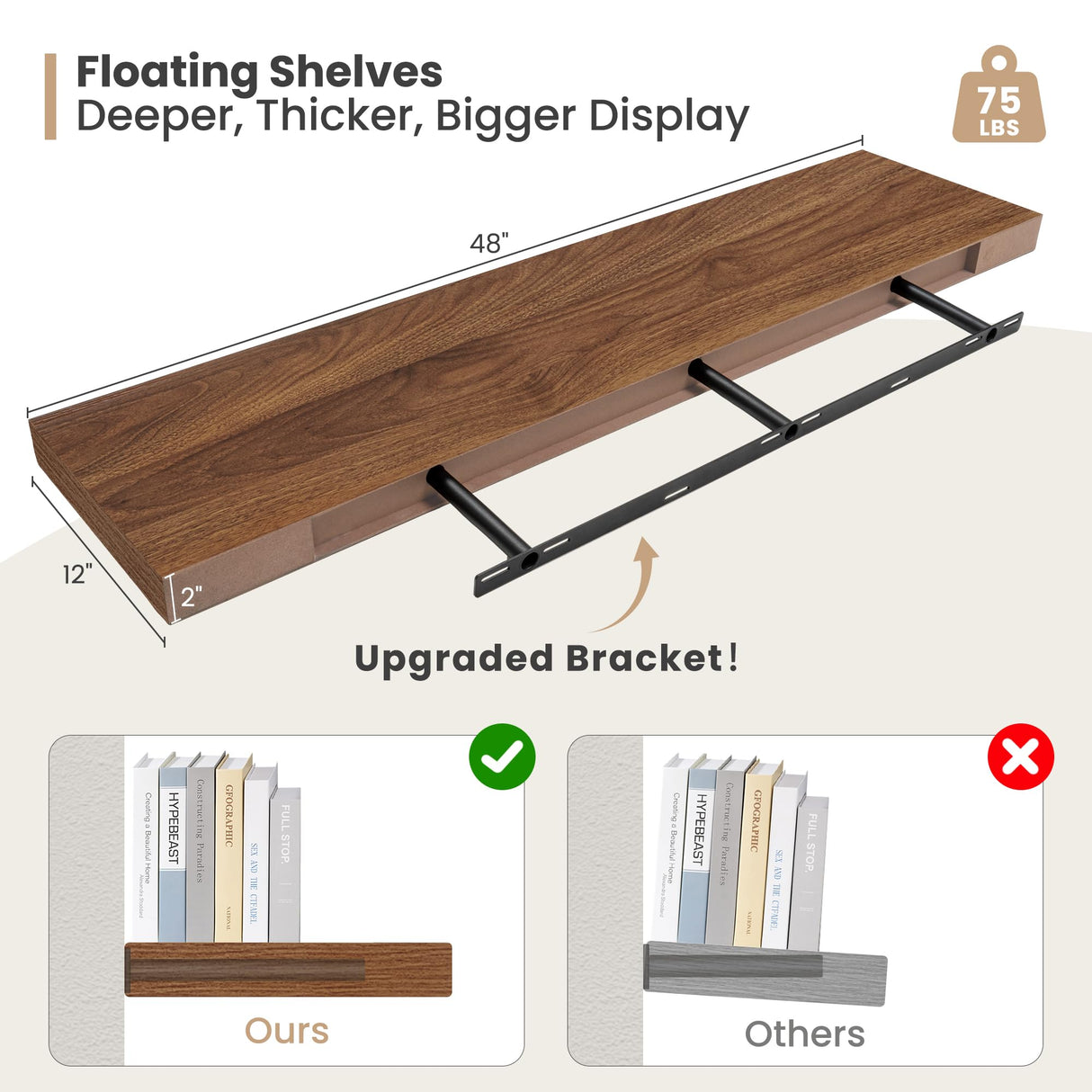 Heimlove 12 Inch Deep Floating Shelves, 48 x 12 inches Long Wall Shelf, Large Display Shelf & Storage Shelf, Rustic Wood Wall Shelves for Fireplace Mantel, Set of 2(Walnut) Heimlove