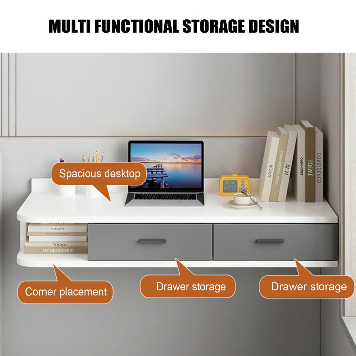 Floating Dressing Table with Drawers, Wooden Laptop Computer Desk,Space Saving Makeup Vanity Storage Cabinet,Wall Mounted Nightstand Bedside Table for Bedroom Living Room(80x40cm(31x16inch), B) SUZEPER