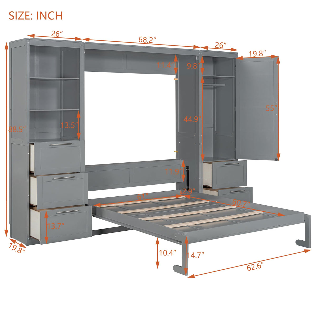 Harper & Bright Designs Queen Size Murphy Bed with Closet, Wall Bed with Drawers and Shelves, Gray Harper & Bright Designs