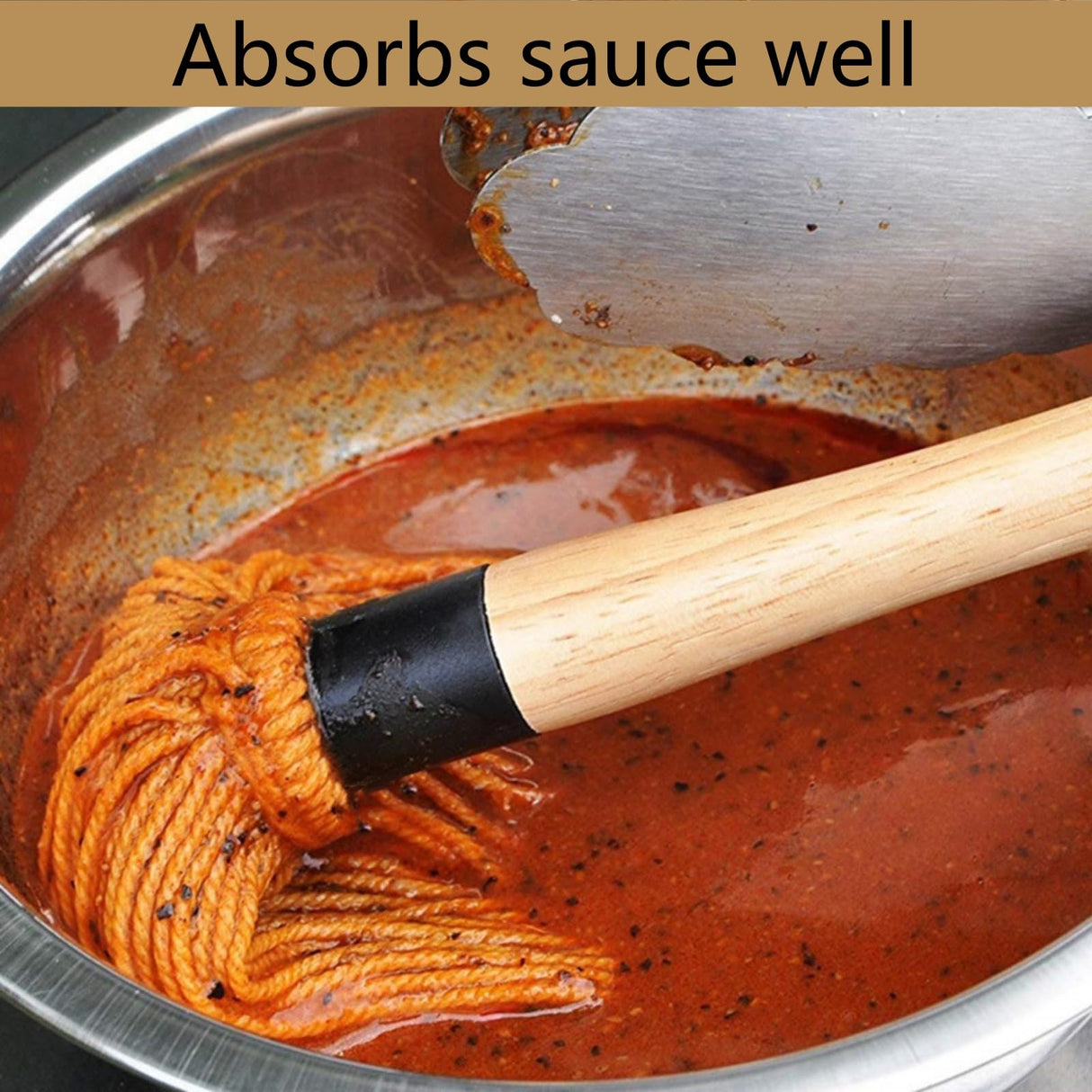 SWJLR 18.3" Removable Rubberwood Long Handle BBQ Mop 4 Pcs Pure Cotton Replacement Brush Heads 2 Pcs Food Grade Bristle BBQ Brush for Sauce Suitable for Grilling and Smoking Steaks SWJLR