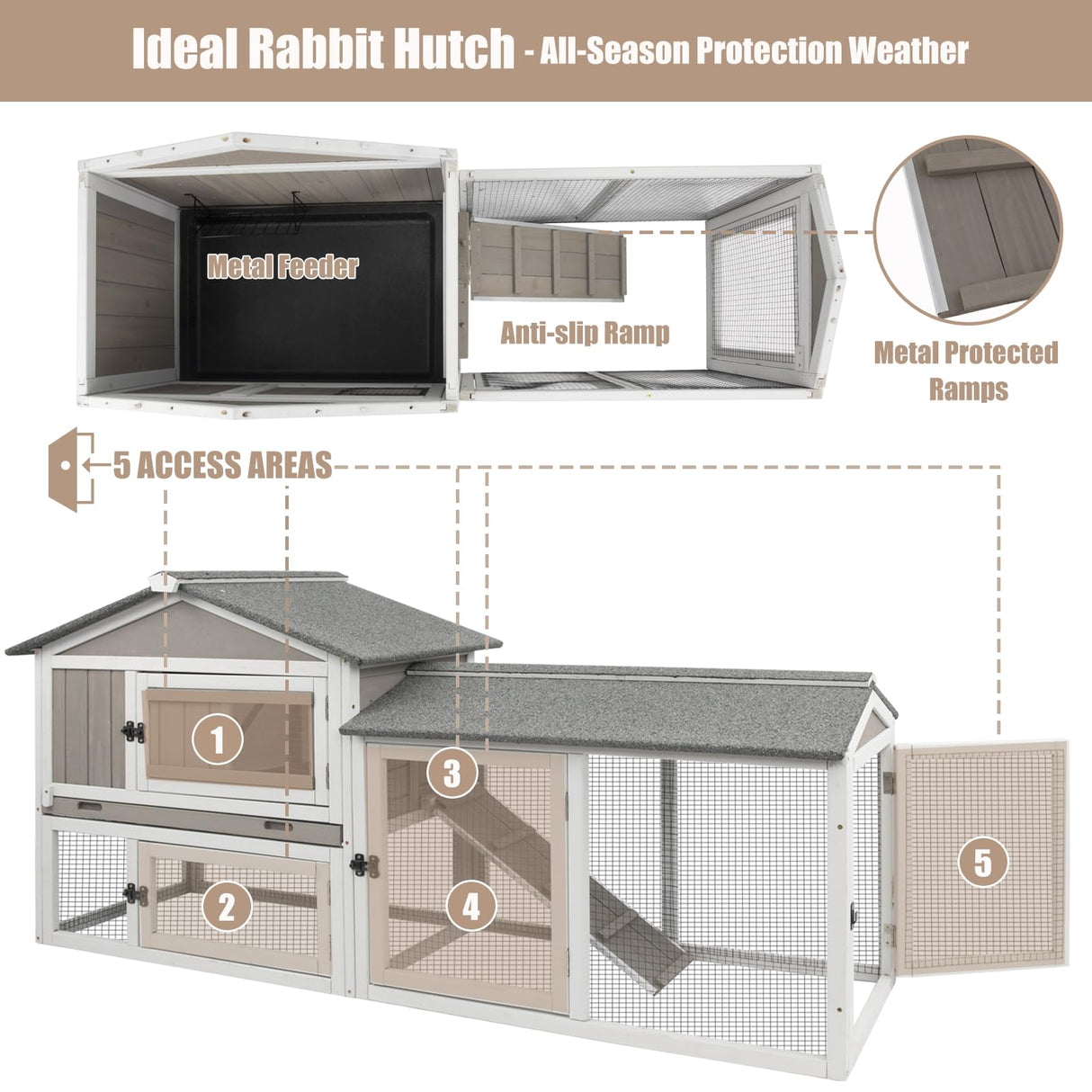 Gowoodhut Rabbit Hutch Indoor Outdoor 57 "L Bunny Hutch with Pull Out Tray,2 Story Wooden Rabbit Cage with Asphalt Roof,Guinea Pig Cage with Ventilation Doors,Ramp for Small Animals(Grey) Gowoodhut