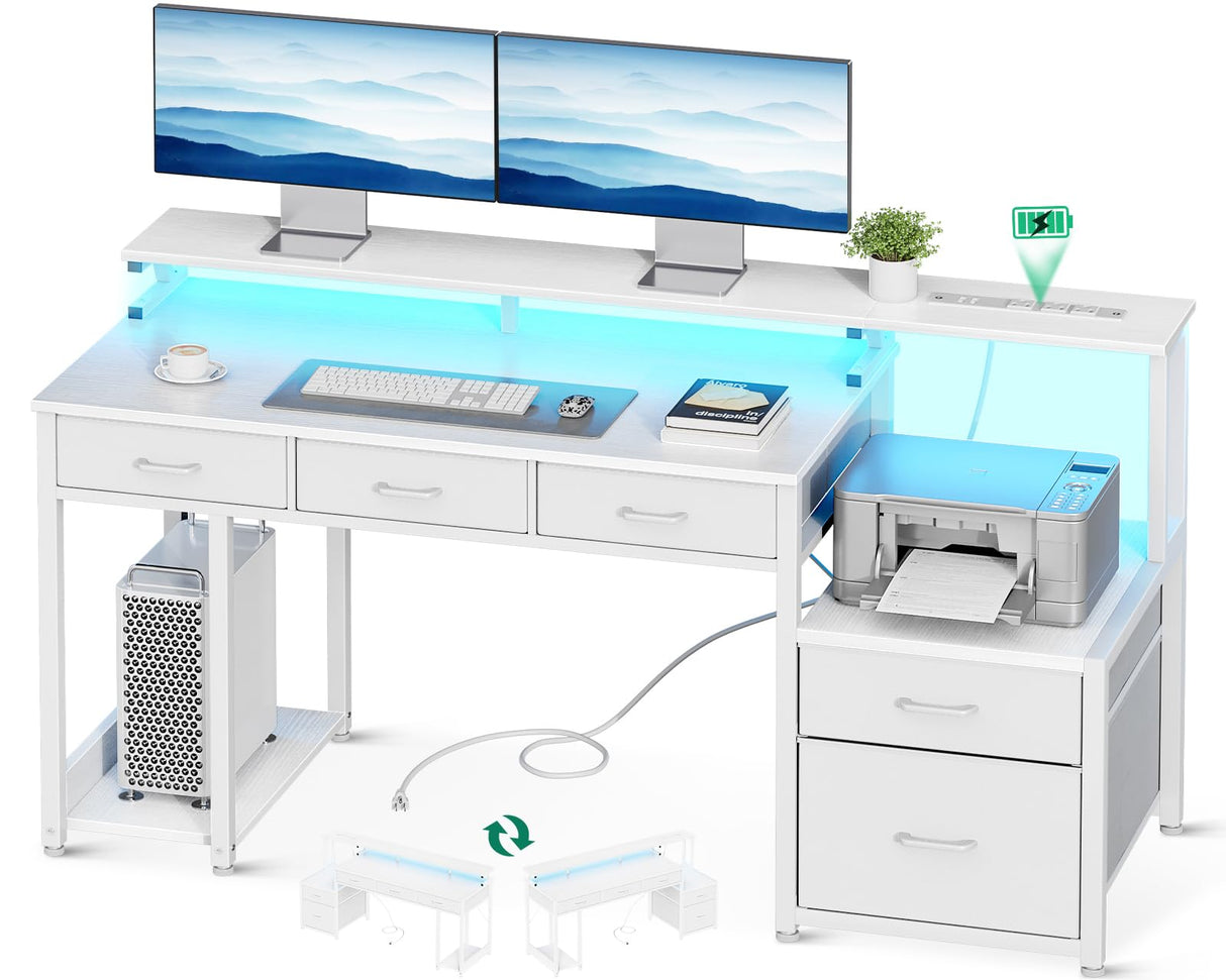 AODK 55 Inch Computer Desk with 3 Drawers and File Cabinet for Storage, Office Desk with Monitor Stand and LED Lights, Home Office Desks, White AODK