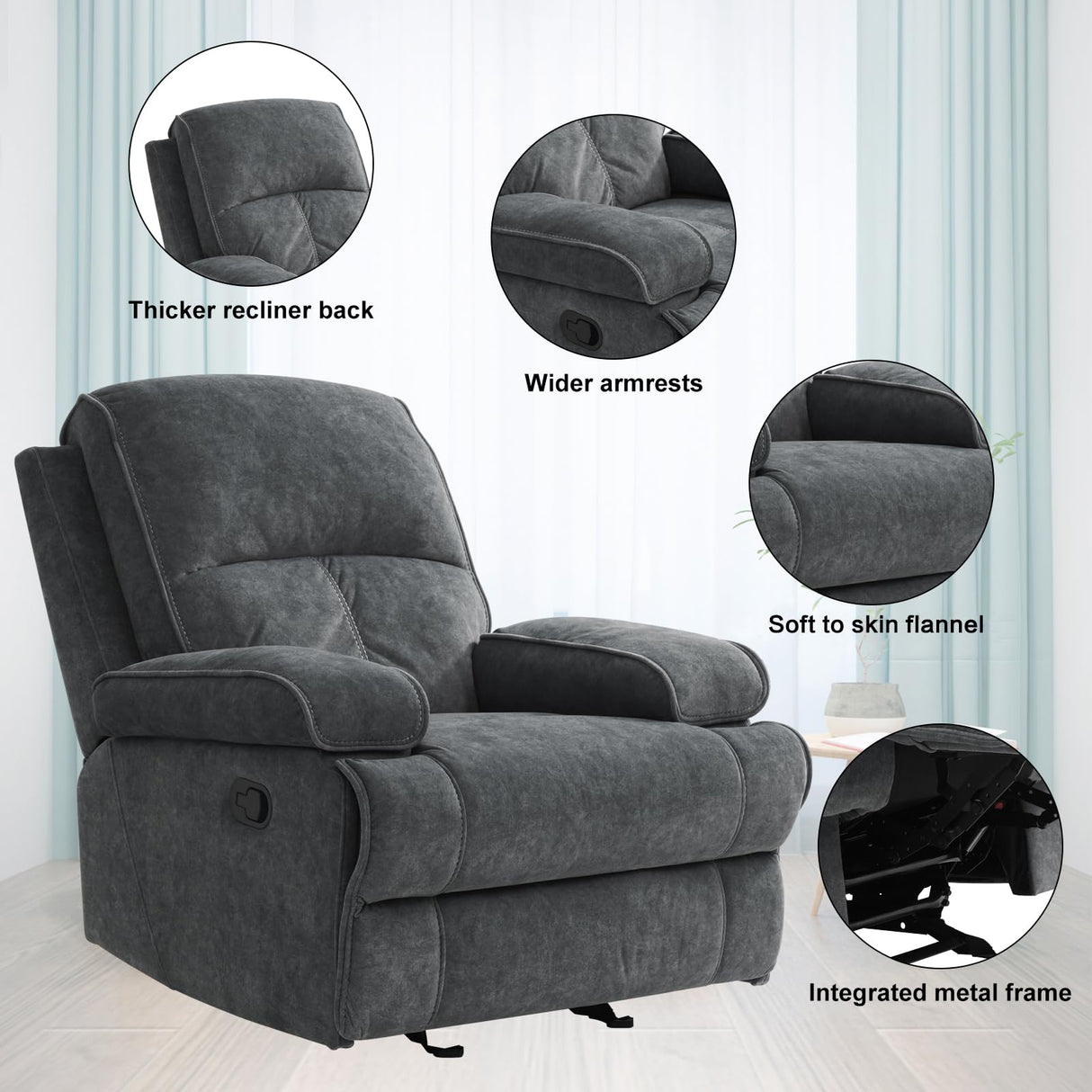 KeyEnergy Manual Rocker Recliner Chair for Adults, High Back Glider with Deep Seat, Upholstered Fabric Armchair for Living Room & Nursery, Dark Grey KeyEnergy