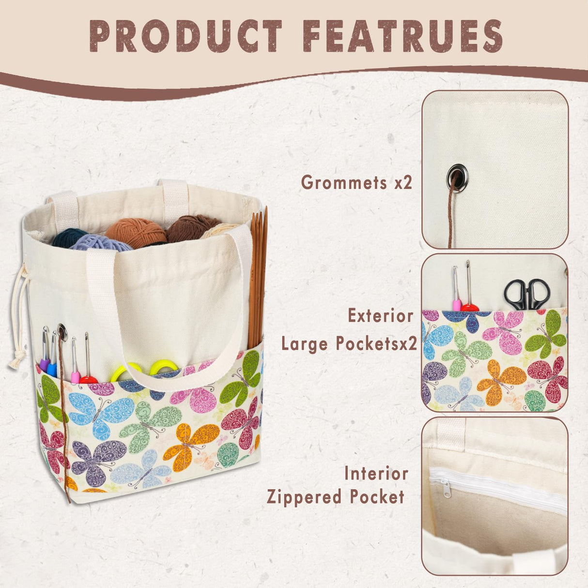 TOGETRUE Yarn Bag, Knitting Crochet Tote Bag, Yarn Storage Bags Organizer, Crochet Bags for Crocheting Project, Store Skein Ball, Short Knitting Needle (Butterfly) TOGETRUE