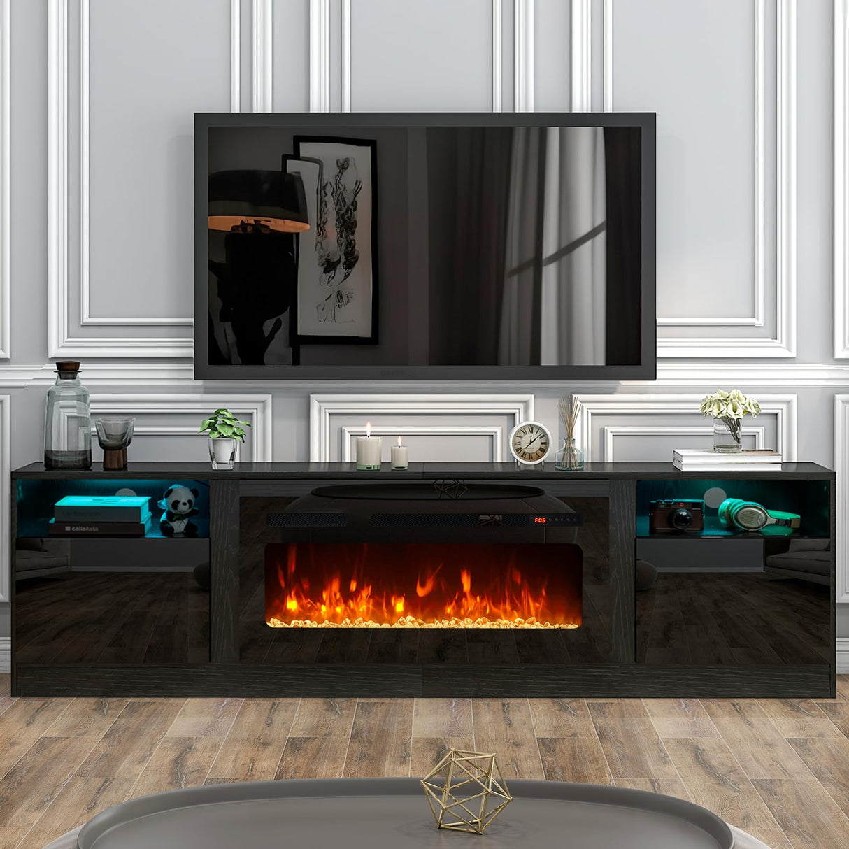 oneinmil Fireplace TV Stand with 36" Electric Fireplace, LED Light Entertainment Center with Modern Wood Texture, Highlight Storage Cabinet for TVs Up to 90", 79 inches, Black oneinmil