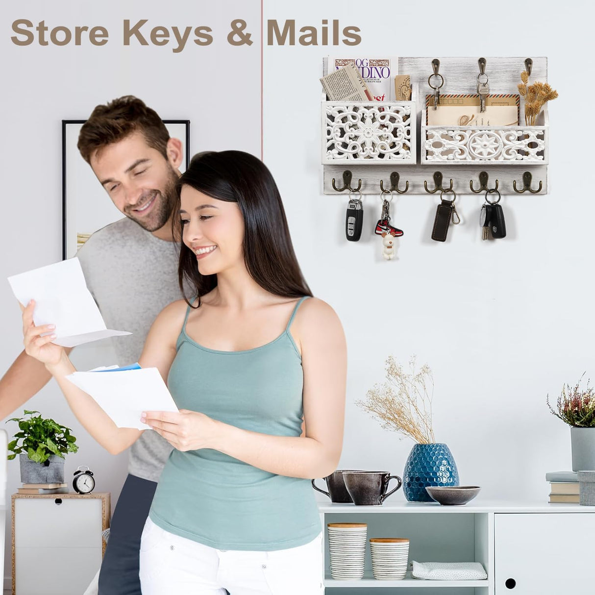 QILICHZ Key and Mail Holder for Wall,Decorative Key Holder Wall Mount,Wood Key Holder for Wall,Farmhouse Mail Key Organizer 13 Key Hooks,Rustic Key Hanger Wall Mount for Mail Envelope Letter Key,White QILICHZ