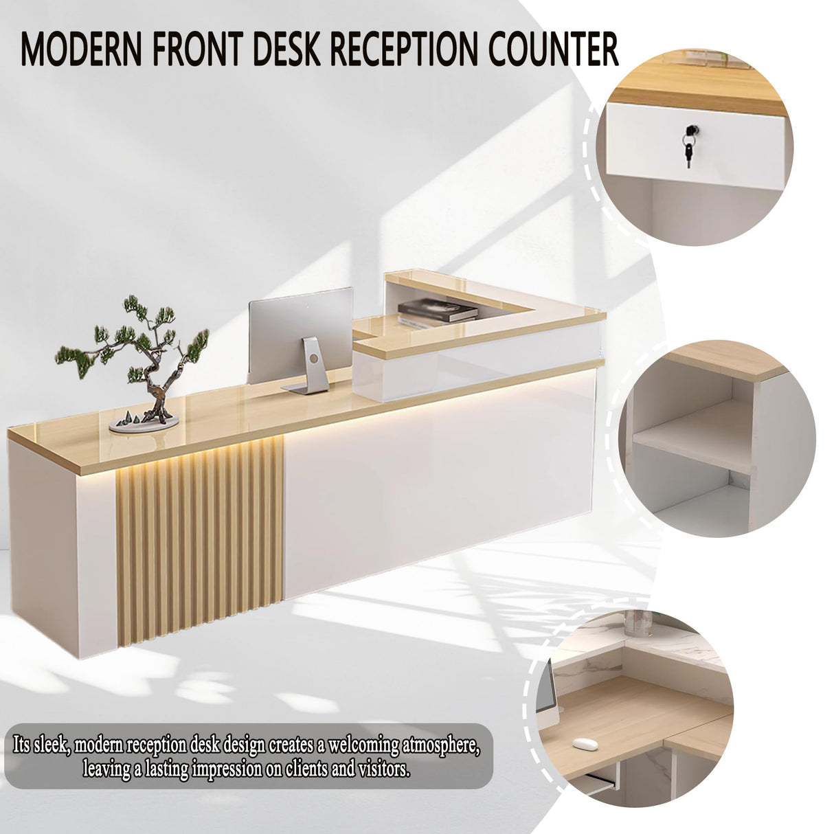 L Shaped Reception Desk,Modern Front Desk Reception Counter,Salon Reception Counter with Storage & Led Lights & Lockable Drawer,for Lobbies Office-Easy to Install Generic