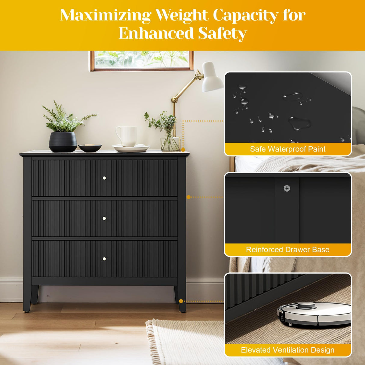 May in Color Large Black Fluted 3 Drawer Dresser Set of 2, Chest of Drawers with Ball Bearing Slide Modern 30 inch Tall Wood Nightstand with Spacious Storage for Bedroom Hallway Living Room Entryway May in Color