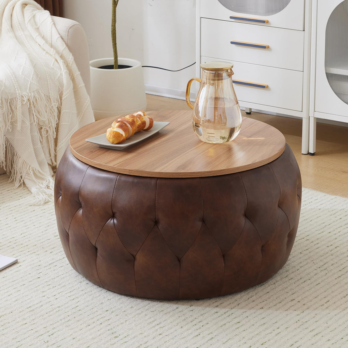 YDcosyfy PU Leather Round Storage Ottoman with Wooden Lid, 25 Inch Tufted Circle Ottoman Footrest Stool Bench Coffee Table for Living Room,Brown YDcosyfy