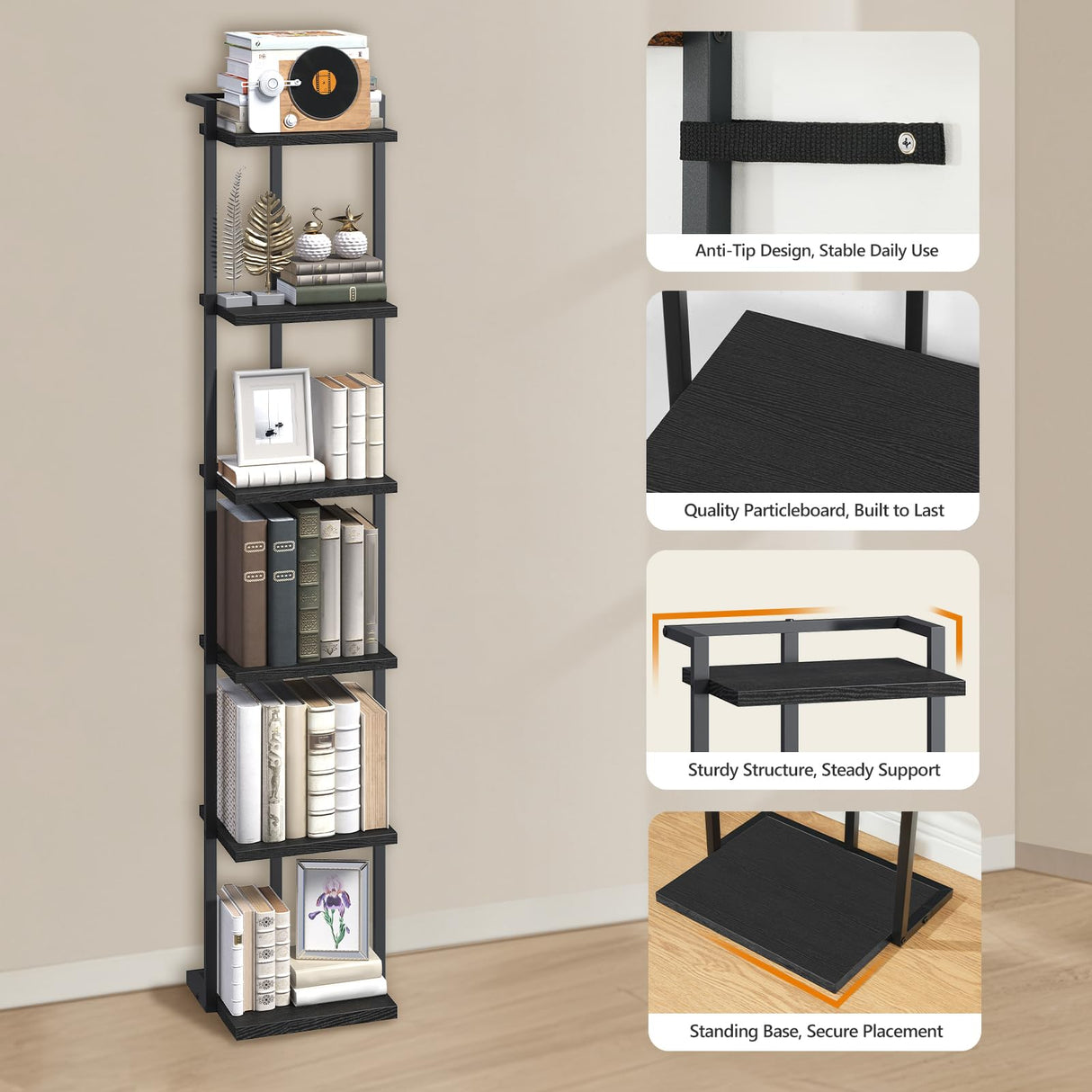 MAHANCRIS Bookshelf, 6-Tier Bookcase, Vertical Tall Narrow Book Shelf for Small Space, Open Storage Display Shelf with Stable Base & Anti-Tip Kits, for Living Room, Office, Study, Black BKBK11601 MAHANCRIS