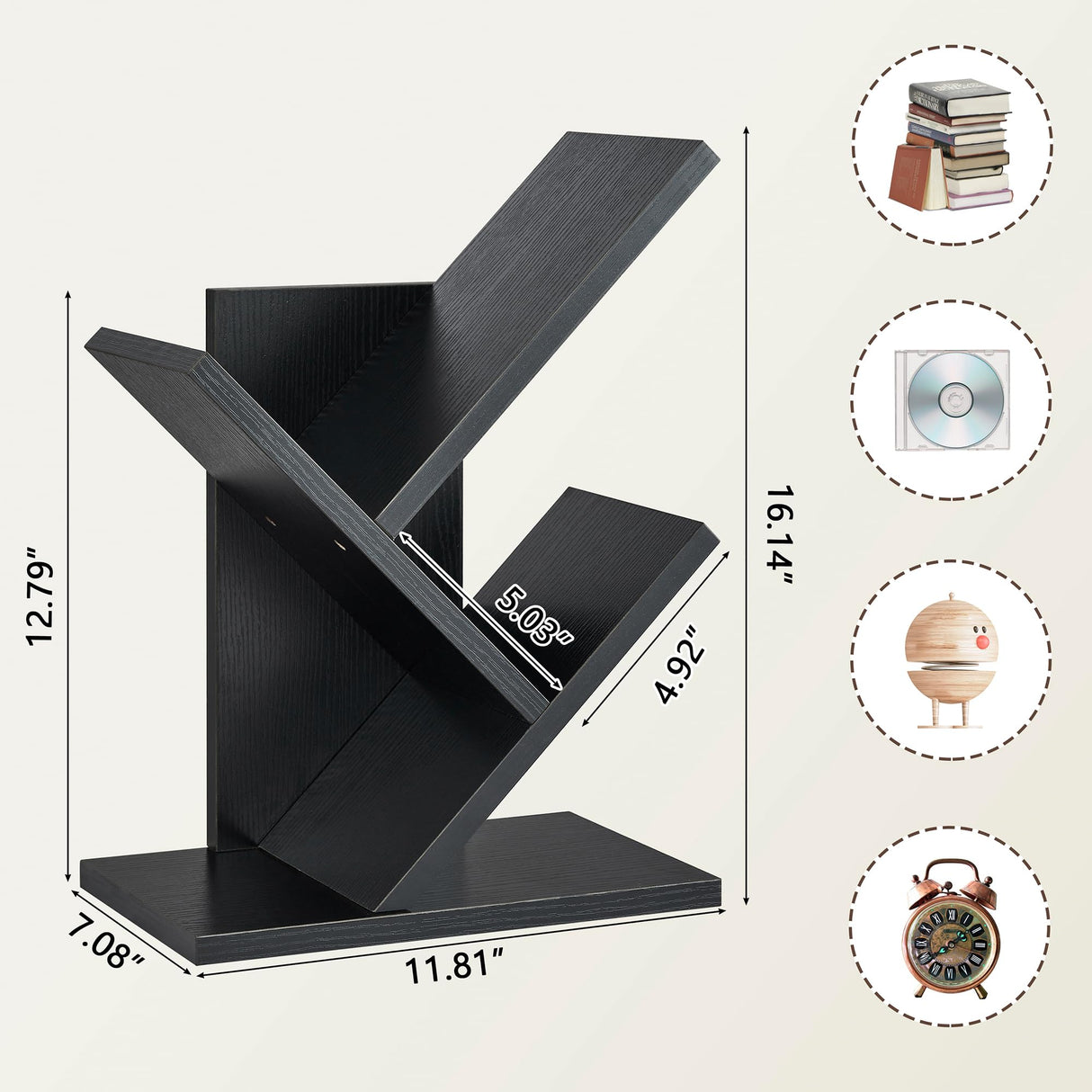 Tajsoon Tree Bookshelf 3 Tier Book Storage Organizer Shelves, Desktop Bookshelf Floor Standing Bookcase Display for CDs/Magazine/Books, Small Bookshelf for Bedroom, Living Room&Office, Black Tajsoon