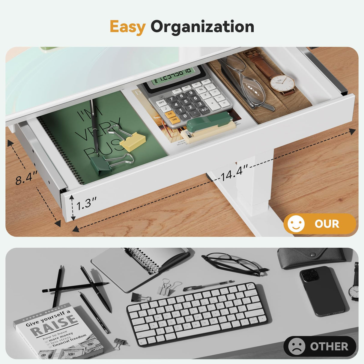 Gibbon Mounts Glass Standing Desk with Drawer, 35×20Inch Whole Piece Height Adjustable Rising Desk, Electric Sit Stand Desk with Wheels, Small Computer Desk, White Gibbon Mounts