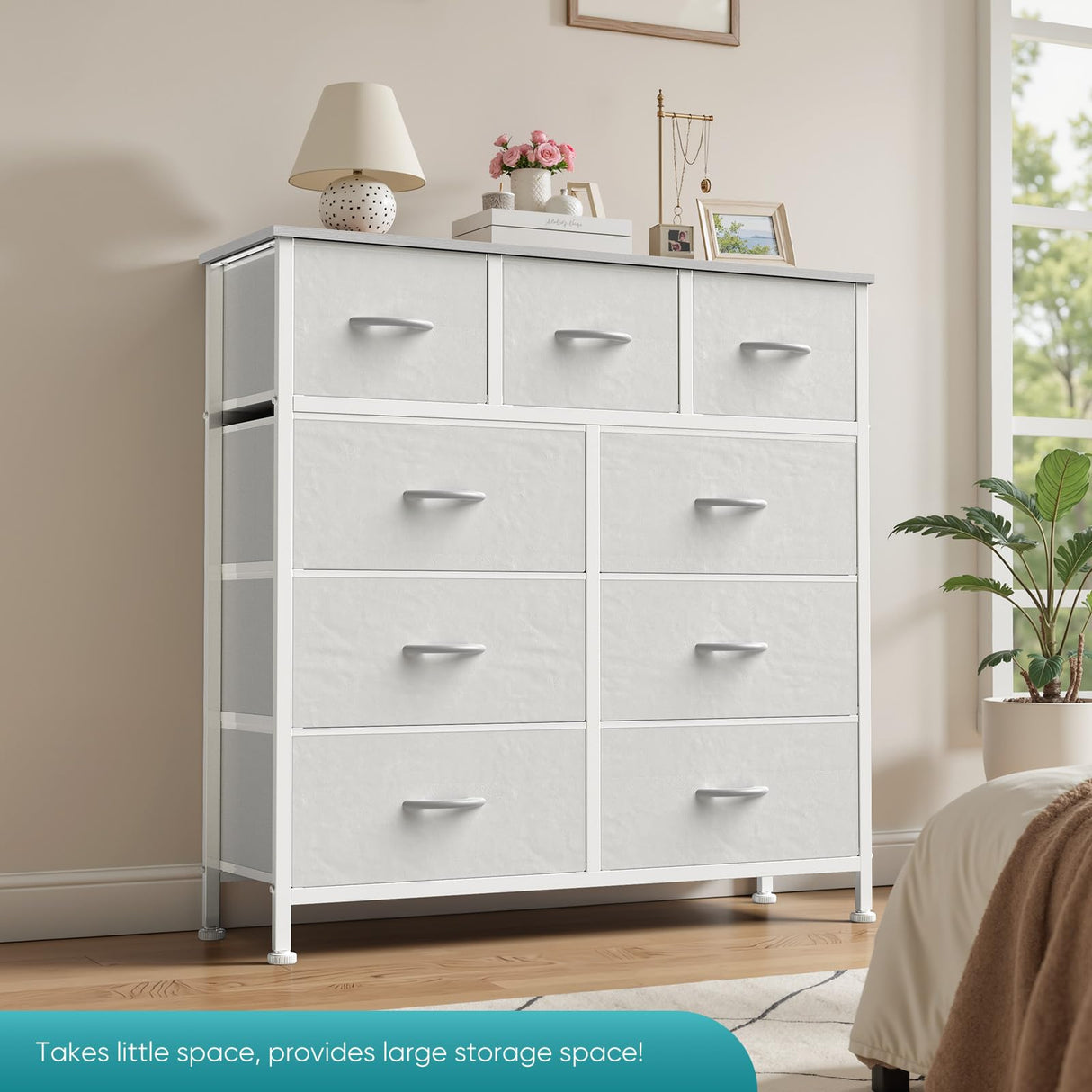 OLIXIS 9 Drawer Storage Dresser with Wood Top - Wide Fabric Chest Organizer for Bedroom, Closet, Living Room,Tower Cabinet, TV Stand, Hallway Entryway Furniture,Bright White OLIXIS
