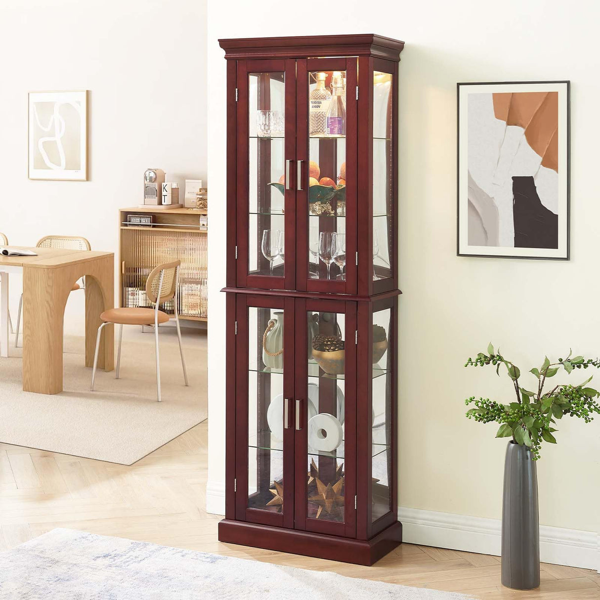 Curio Cabinet Wooden Display Cabinet,Curio Cabinet with Adjustable Glass Shelves Vintage, Lighted Curio Diapaly Cabinet,Vintage Accent Storage Cabinet with 6 Shelves,70" Curio Cabinet(Cherry) Firscook