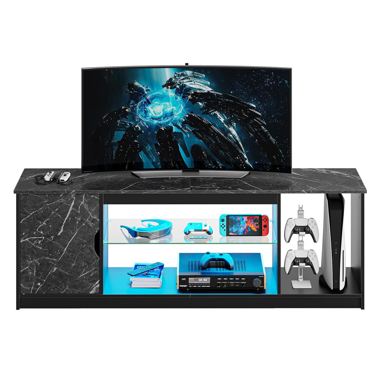 Bestier LED TV Stand for 55/60/65 Inch TV, Gaming Entertainment Center with Cabinet for PS5, Xbox,Modern TV Cabinet with Adjustable Glass Shelves for Living Room, Bedroom 58 Inch,Black Marble Bestier