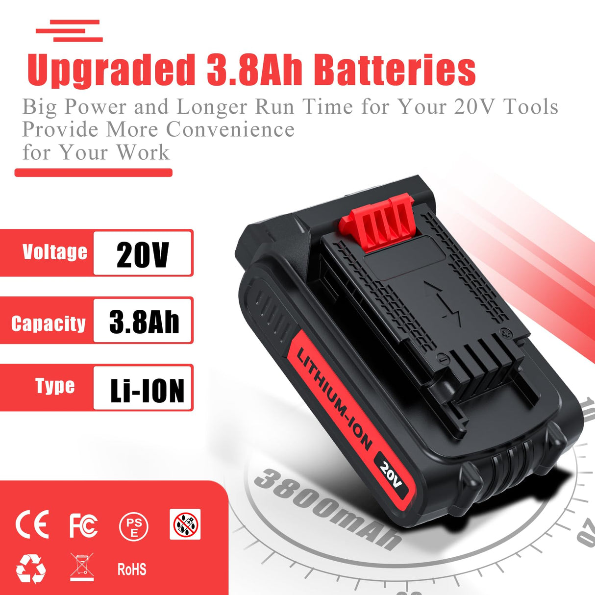 3.8Ah Replacement for Black and Decker 20V Lithium Battery, Compatible for Black Decker 20V Battery LBXR20 LBX20 LB20 LBX4020 LBXR20B-2 LST300 LST220 2Packs with Battery Charger Bonacell