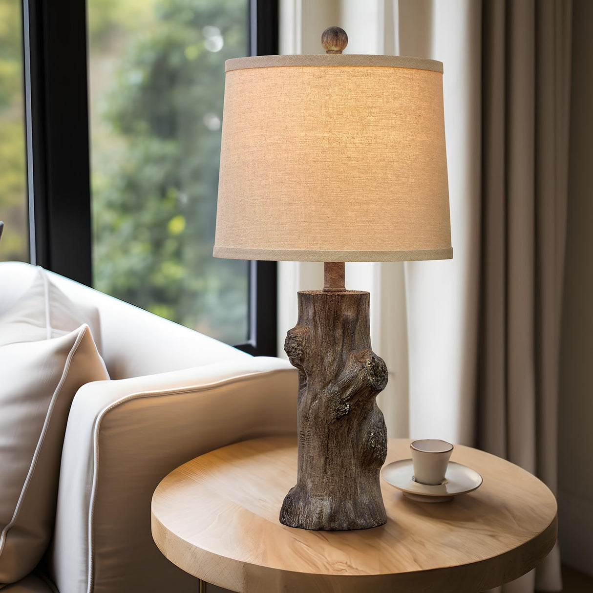 OYEARS 23"Resin Table Lamps for Living Room Set of 2 Country Cottage Farmhouse Lamp for Bedroom Tree Trunk Wood Grain with Oatmeal Fabric Round Shade Vintage Rustic Traditional Nightstand Bedside Lamp OYEARS