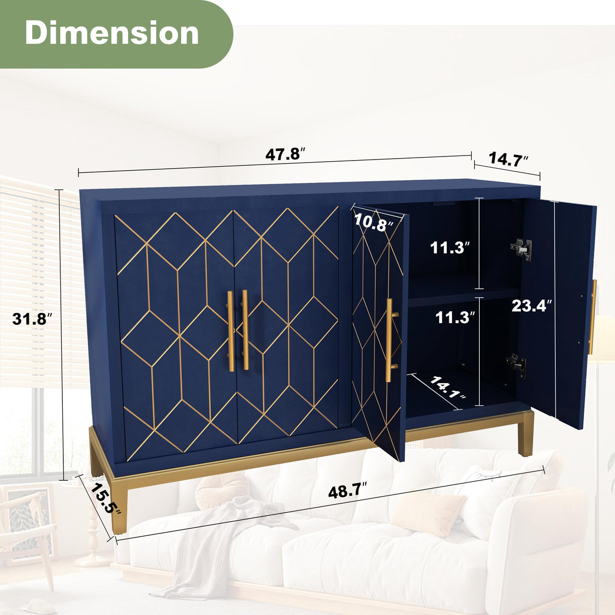 HLR 48" Accent Cabinet with 4 Doors and Shelves, Modern Credenza Storage Cabinet with Gold Trim, Sideboard Buffet for Living Room, Kitchen, Dining Room, Hallway, Blue HLR