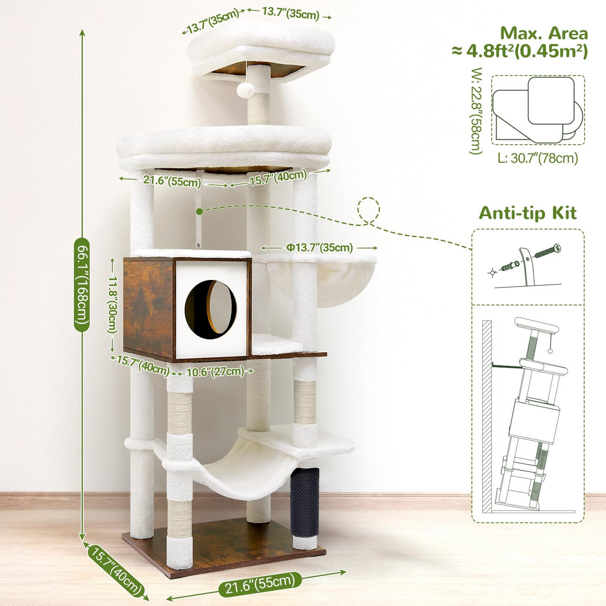 Globlazer W66 Cat Tree Tall 66-inch Modern Cat Tower for Indoor Cats Aesthetic Cat Tree with 4 Scratching Posts, 5 Washable Removable Cushions, Cat Furniture Globlazer