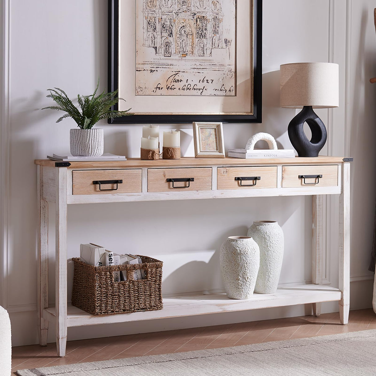 RUSTOWN Farmhouse Console Table with 4 Drawer, 60" Long Rustic Entryway Table with Open Storage Shelves and Handmade Metal Handle, Narrow Foyer Sofa Table for Living Room, Entryway, Hallway(White) RUSTOWN