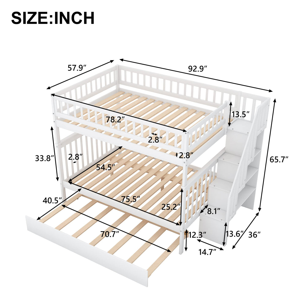BIADNBZ Full Over Full Bunk Bed with Trundle and Storage Staircase, Solid Wood Bunkbeds can be Divided into 2 Platform Bedframes, for Kids Teens Adults Bedroom, White BIADNBZ