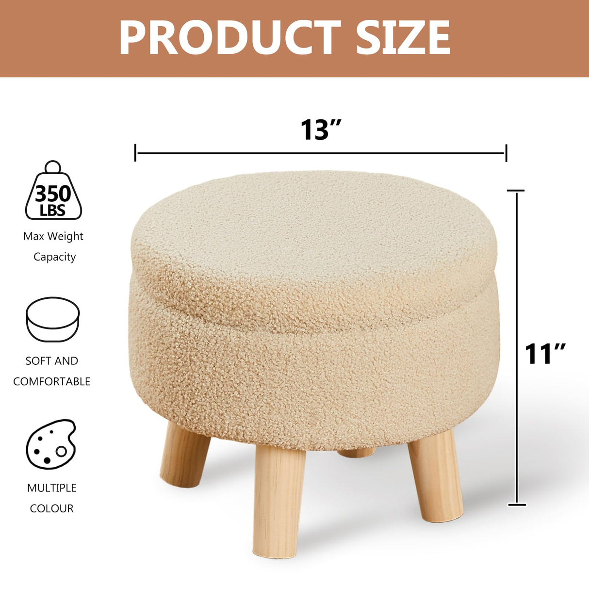 Wimarsbon Storage Ottoman, Modern Round Footrest with Soft Padded Seat, Teddy Velvet Footstool with Wood Legs, Accent Small Table or Plant Stand for Hallway, Living Room (Off-White) Wimarsbon