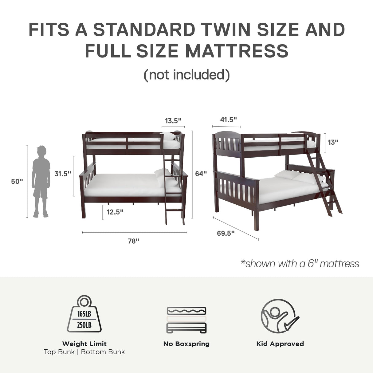 DHP Airlie Espresso Twin-Over-Full Convertible Bunk Bed with Ladder and Guardrails DHP