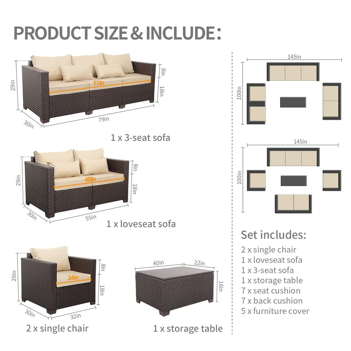 Rattaner 5-Piece Outdoor Furniture Set Patio Furniture Set Outdoor Couch Coffee Table with Storage No-Slip Cushions and Waterproof Covers, Khaki Rattaner